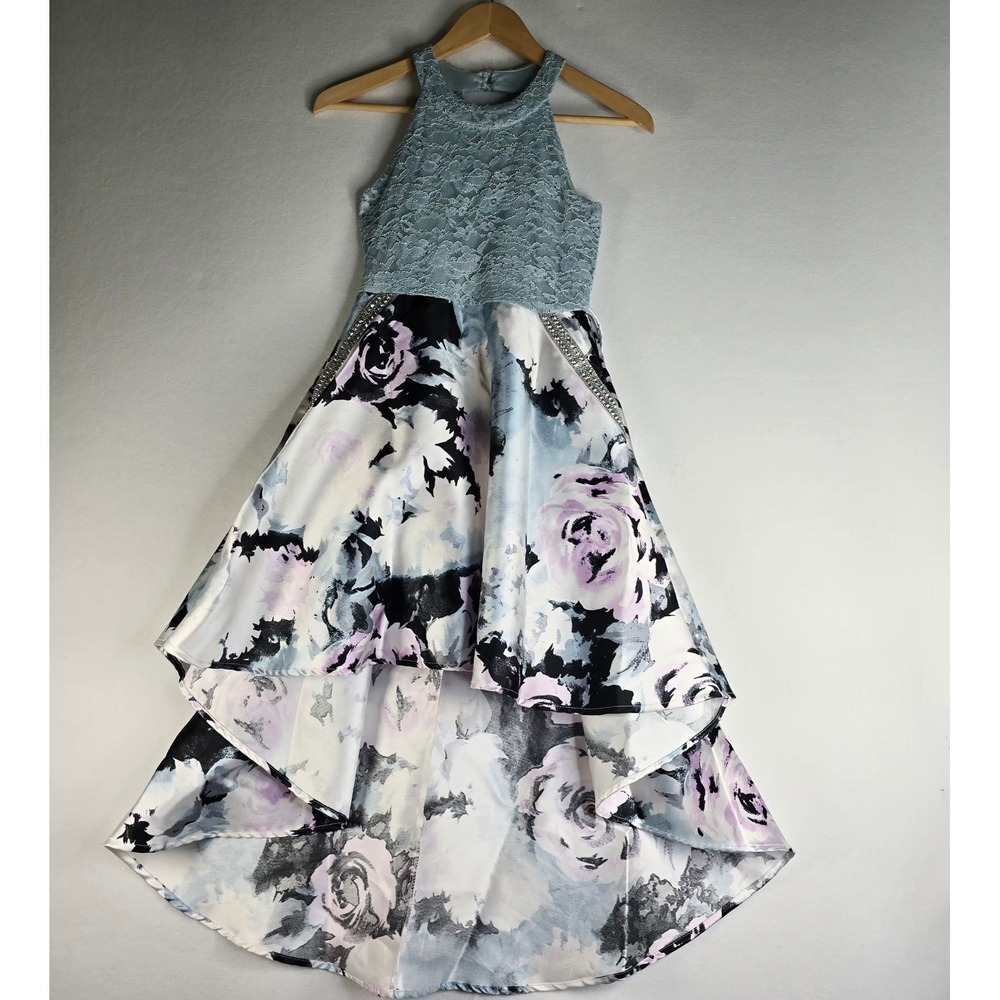 Speechless Kids Blue Lace Floral High-Low Formal Dress Rhinestone Size 12